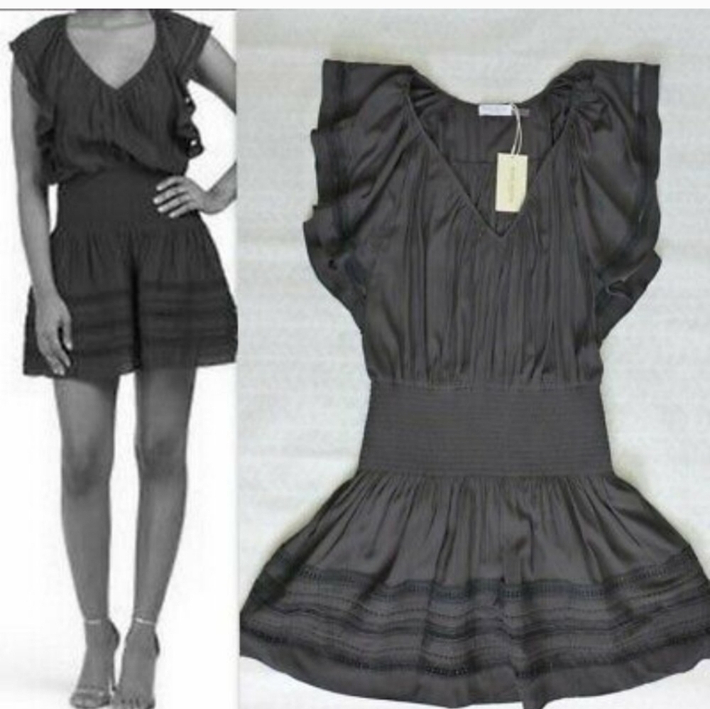 NWT Ramy Brook Teresa Dress Short Sleeve Smocked Black  $445